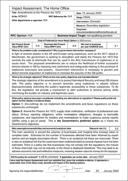 Impact Assessment to The Control of Explosives Precursors and Poisons Regulations 2023