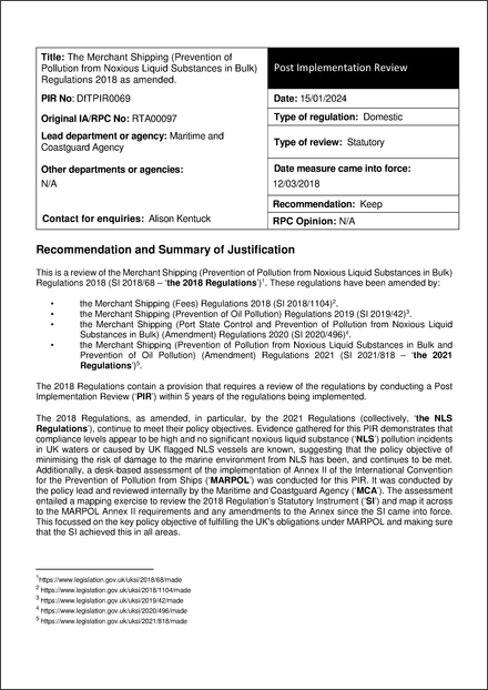 Impact Assessment to The Merchant Shipping (Prevention of Pollution from Noxious Liquid Substances in Bulk) Regulations 2018