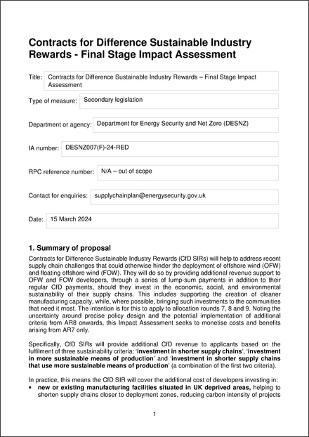 The Contracts for Difference (Sustainable Industry Rewards) Regulations 2024