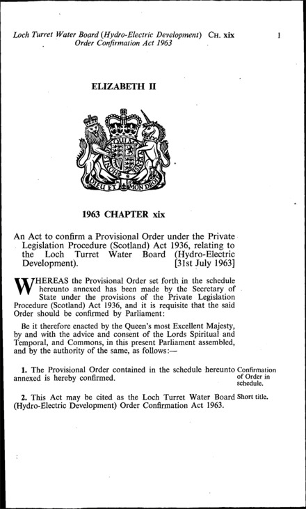 Loch Turret Water Board (Hydro-Electric Development) Order Confirmation Act 1963