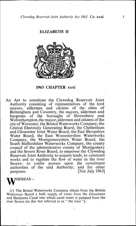Clywedog Reservoir Joint Authority Act 1963