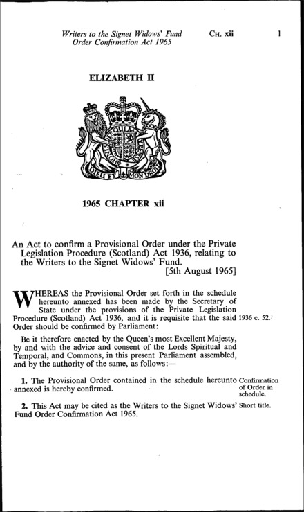 Writers to the Signet Widows' Fund Order Confirmation Act 1965