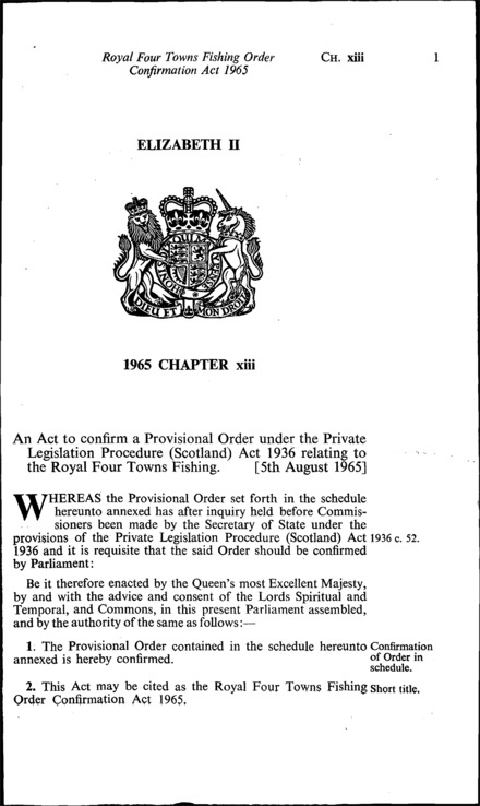 Royal Four Towns Fishing Order Confirmation Act 1965