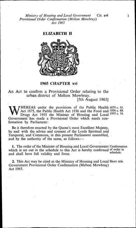 Ministry of Housing and Local Government Provisional Order Confirmation (Melton Mowbray) Act 1965