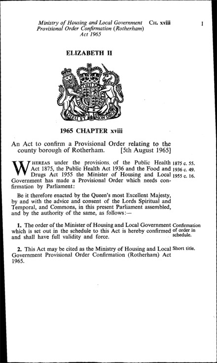 Ministry of Housing and Local Government Provisional Order Confirmation (Rotherham) Act 1965