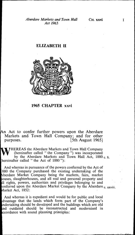 Abedare Markets and Town Hall Act 1965