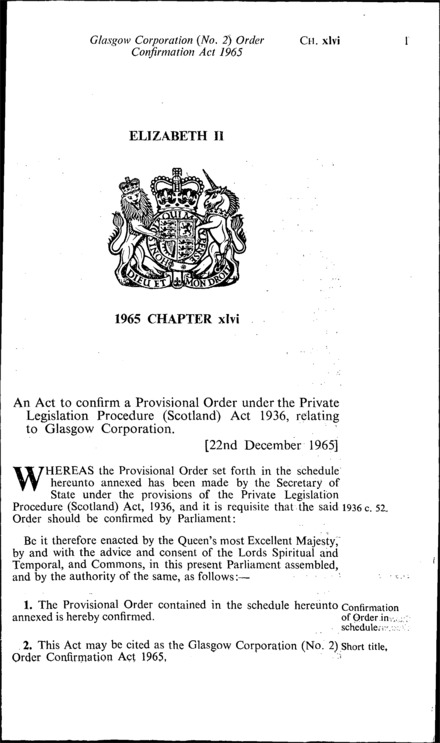 Glasgow Corporation (No. 2) Order Confirmation Act 1965