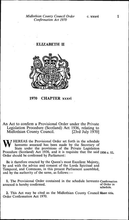 Midlothian County Council Order Confirmation Act 1970