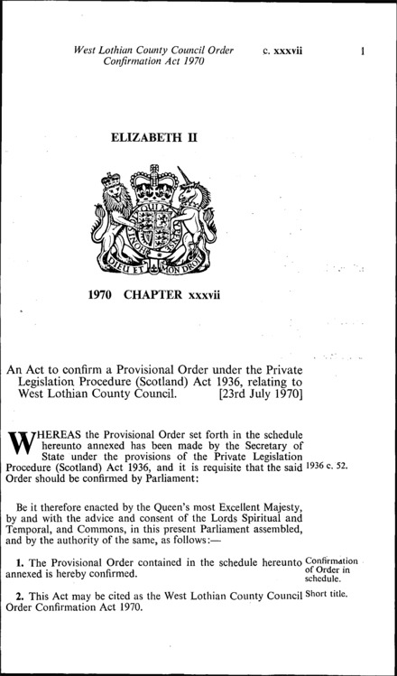 West Lothian County Council Order Confirmation Act 1970