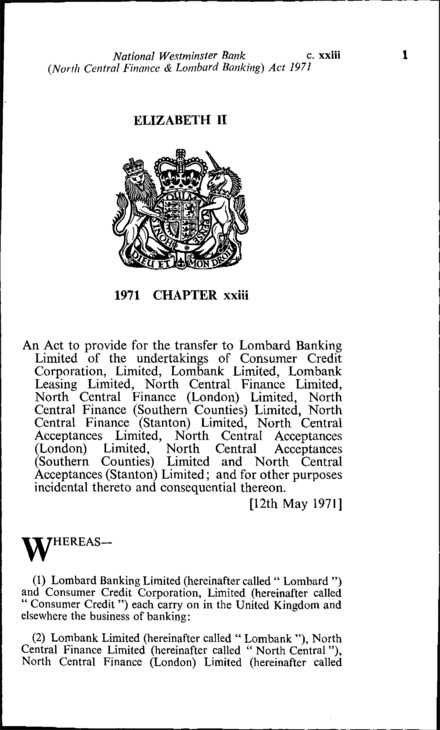 National Westminster Bank (North Central Finance & Lombard Banking) Act 1971