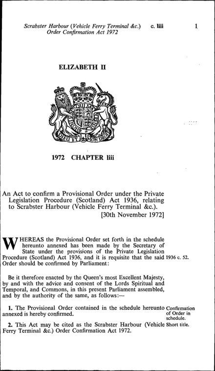 Scrabster Harbour (Vehicle Ferry Terminal, &c.) Order Confirmation Act 1972