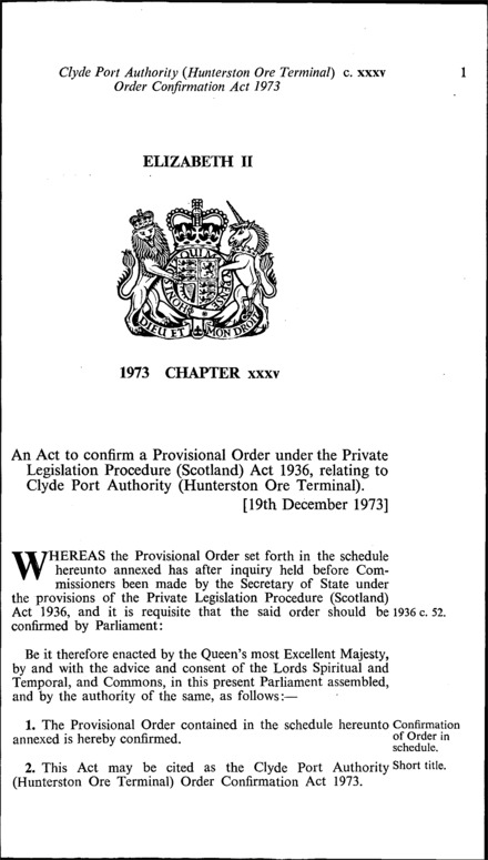 Clyde Port Authority (Hunterston Ore Terminal) Order Confirmation Act 1973