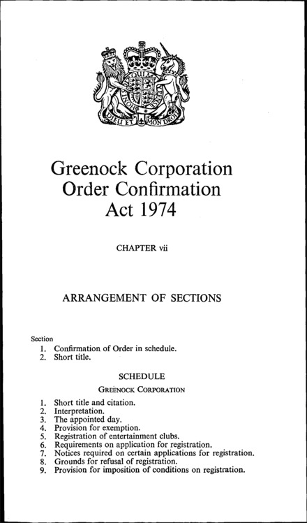 Greenock Corporation Order Confirmation Act 1974