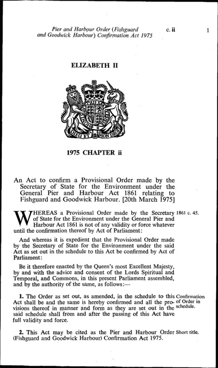 Pier and Harbour Order Order (Fishguard and Goodwick Harbour) Confirmation Act 1975