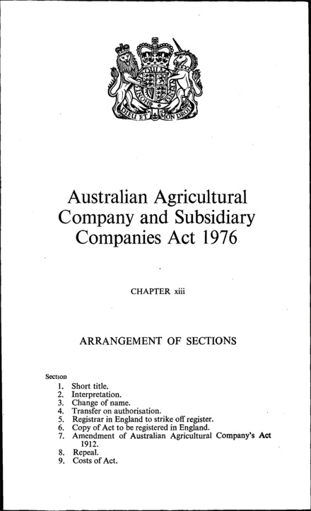Australian Agricultural Company and Subsiduary Companies Act 1976