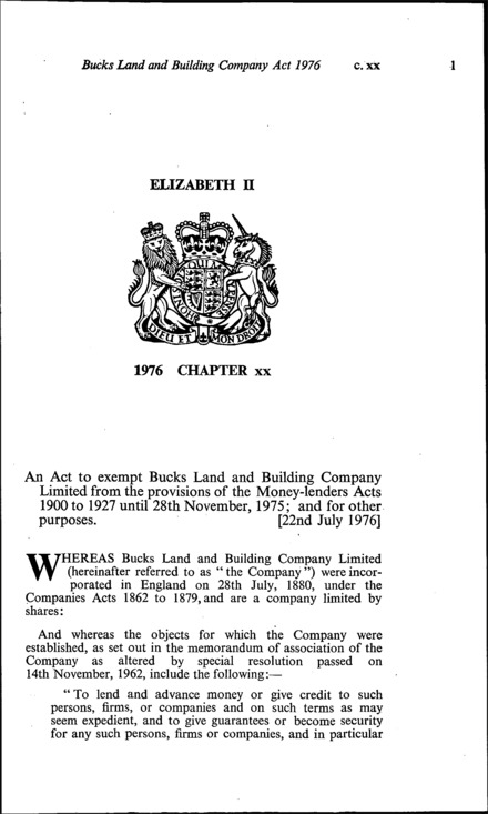 Bucks Land and Building Company Act 1976