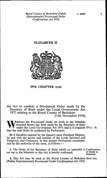 Royal County of Berkshire (Public Entertainment) Provisional Order Confirmation Act 1976