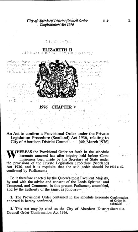 City of Aberdeen District Council Order Confirmation Act 1976