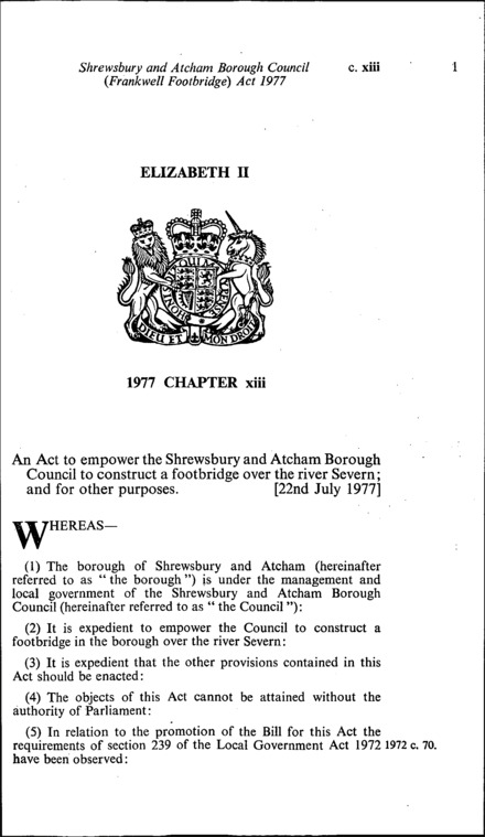 Shrewsbury and Atcham Borough Council (Frankwell Footbridge) Act 1977