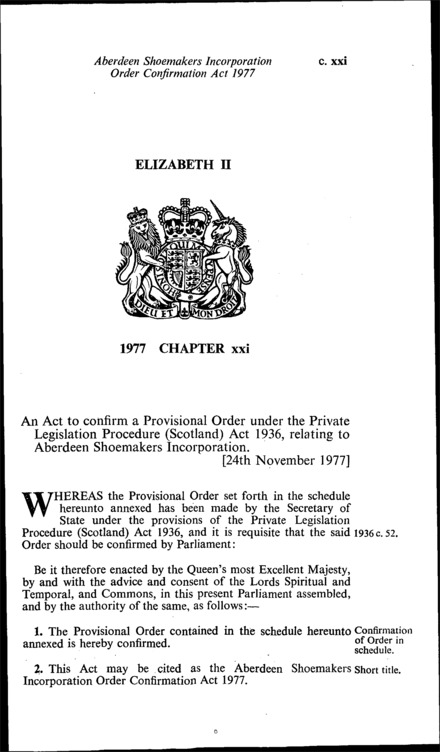 Aberdeen Shoemakers Incorporation Order Confirmation Act 1977