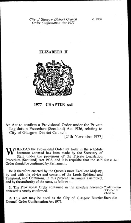 City of Glasgow District Council Order Confirmation Act 1977