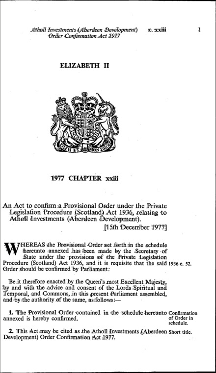 Atholl Investments (Aberdeen Development) Order Confirmation Act 1977