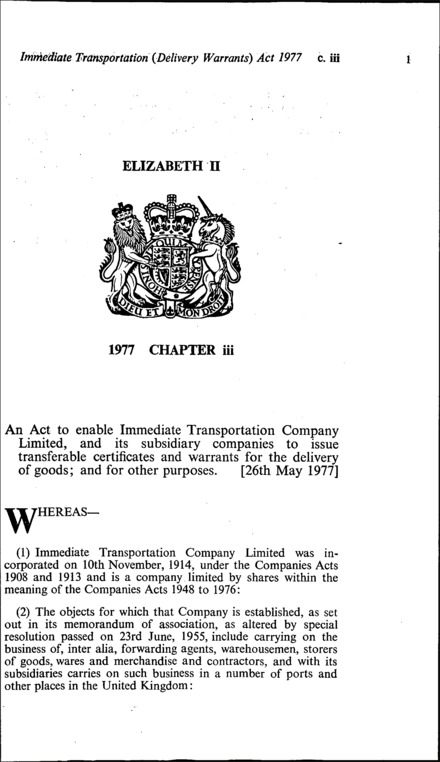 Immediate Transportation (Delivery Warrants) Act 1977