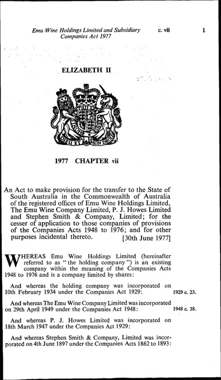 Emu Wine Holdings and Subsidiary Companies Act 1977