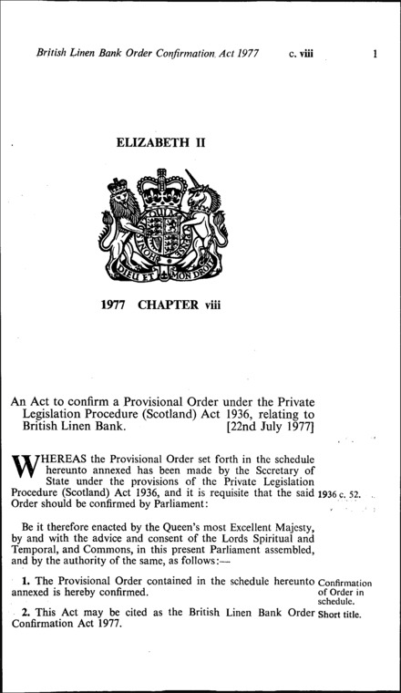 British Linen Bank Order Confirmation Act 1977