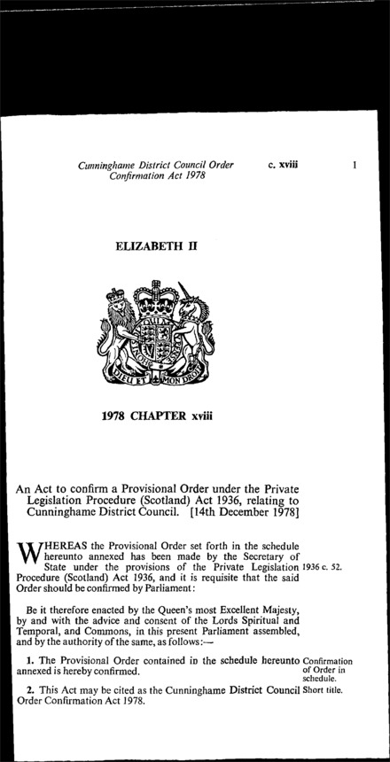 Cunninghame District Council Order Confirmation Act 1978