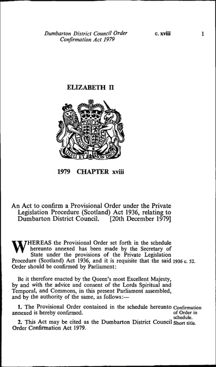 Dumbarton District Council Order Confirmation Act 1979