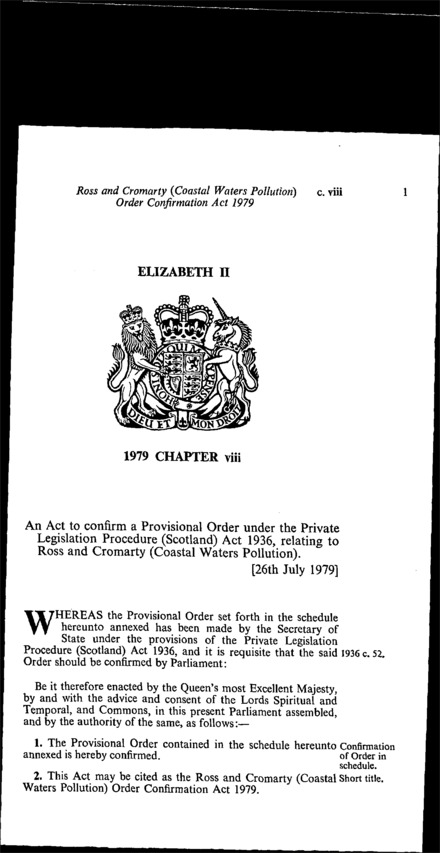 Ross and Cromarty (Coastal Waters Pollution) Order Confirmation Act 1979