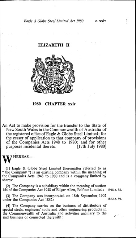 Eagle & Globe Steel Limited Act 1980
