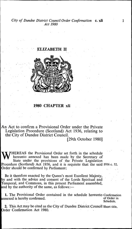 City of Dundee District Council Order Confirmation Act 1980