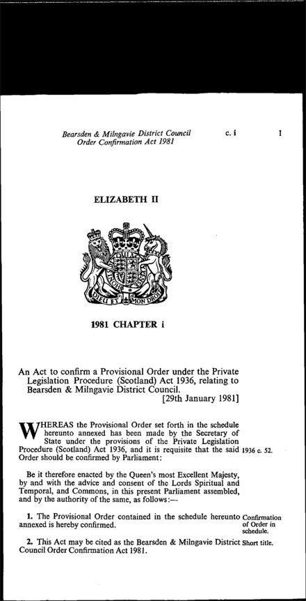 Bearsden & Milngavie District Council Order Confirmation Act 1981
