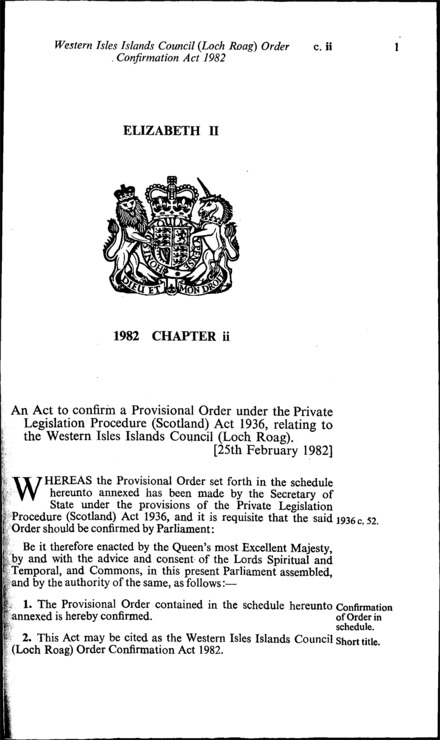 Western Isles Islands Council (Loch Roag) Order Confirmation Act 1982