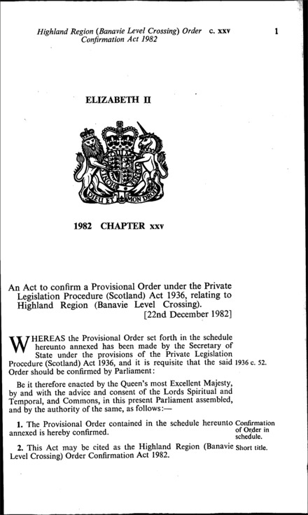 Highland Region (Banavie Level Crossing) Order Confirmation Act 1982