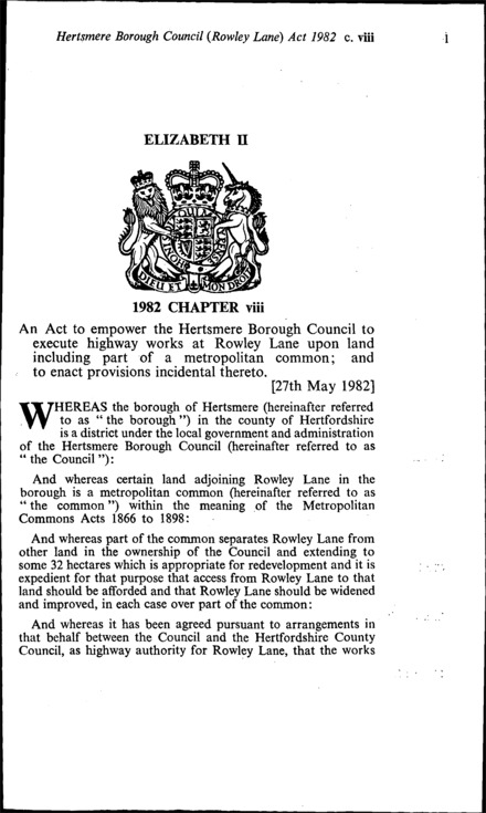Hertsmere Borough Council (Rowley Lane) Act 1982