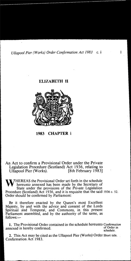 Ullapool Pier (Works) Order Confirmation Act 1983
