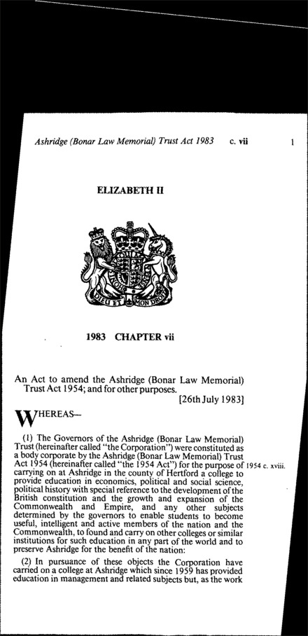 Ashridge (Bonar Law) Memorial Trust Act 1983