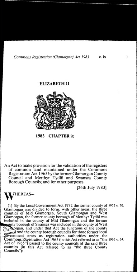Commons Registration (Glamorgan) Act 1983