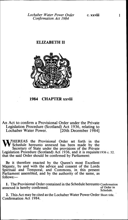 Lochaber Water Power Order Confirmation Act 1984