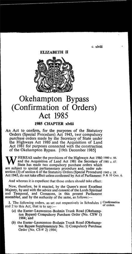 Okehampton Bypass (Confirmation of Orders) Act 1985