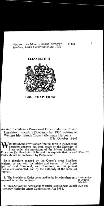 Western Isles Islands Council (Berneray Harbour) Order Confirmation Act 1986
