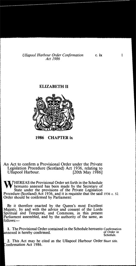 Ullapool Harbour Order Confirmation Act 1986