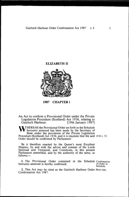 Gairloch Harbour Order Confirmation Act 1987
