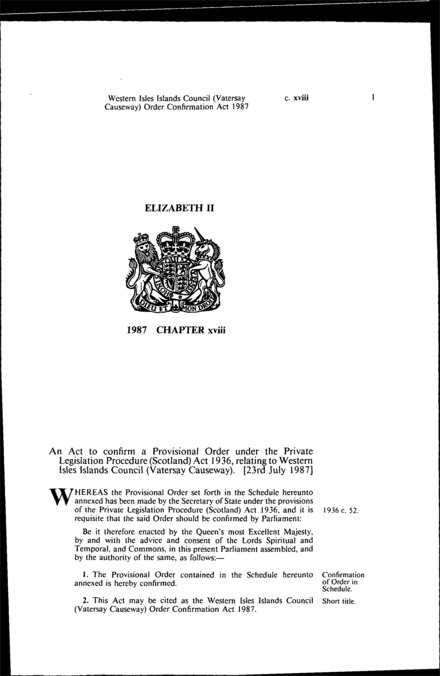 Western Isles Islands Council (Vatersay Causeway) Order Confirmation Act 1987