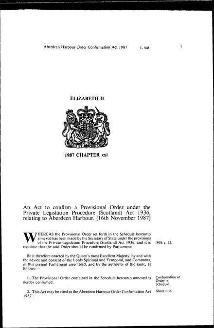 Aberdeen Harbour Order Confirmation Act 1987