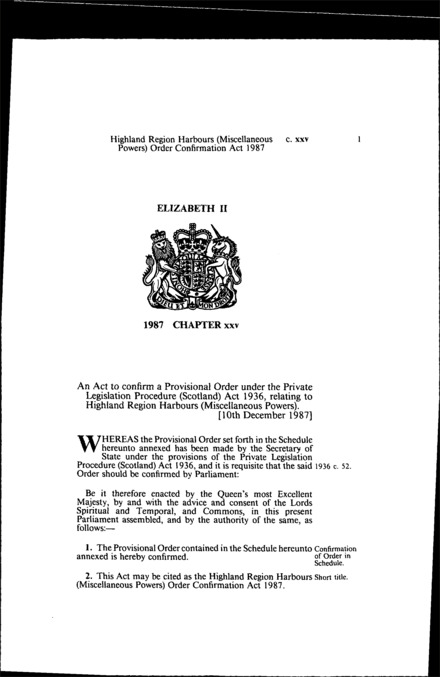 Highland Region Harbours (Miscellaneous Powers) Order Confirmation Act 1987