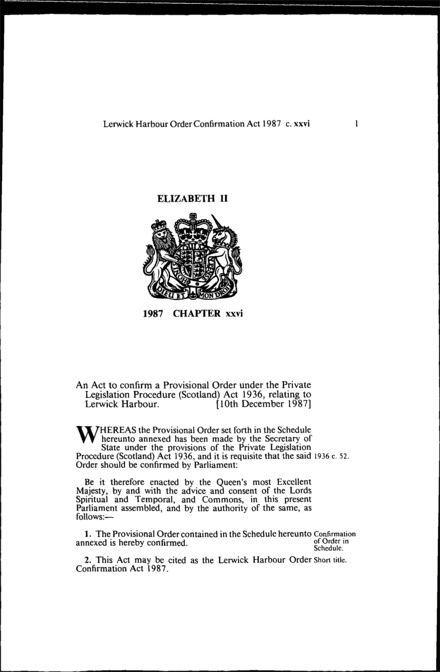 Lerwick Harbour Order Confirmation Act 1987